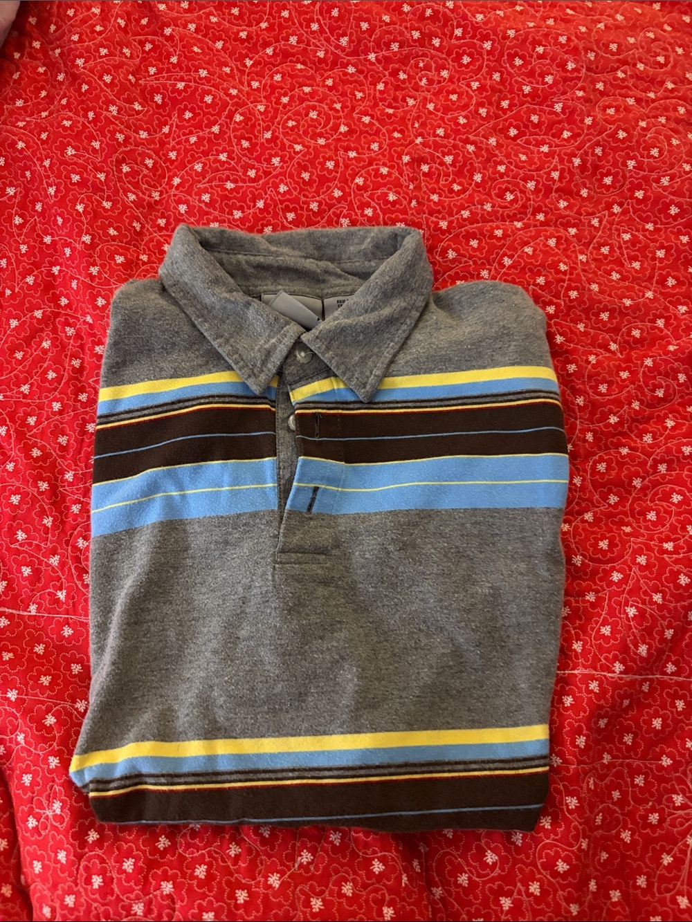 Billabong Gray V-Neck Sweater with Blue, Yellow and Brown Stripes